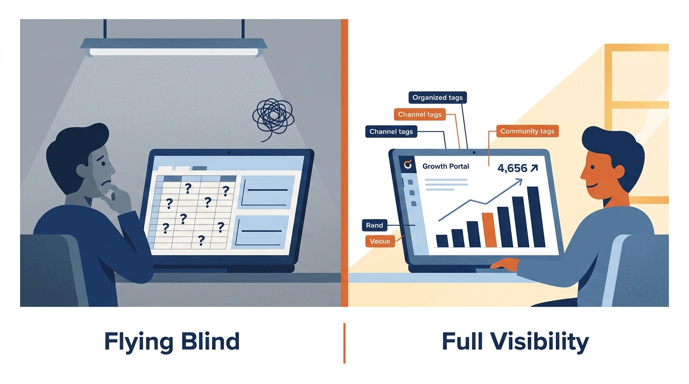 Marketing analytics concept showing the Growth Portal connecting marketing spend to booked sessions in one clear dashboard