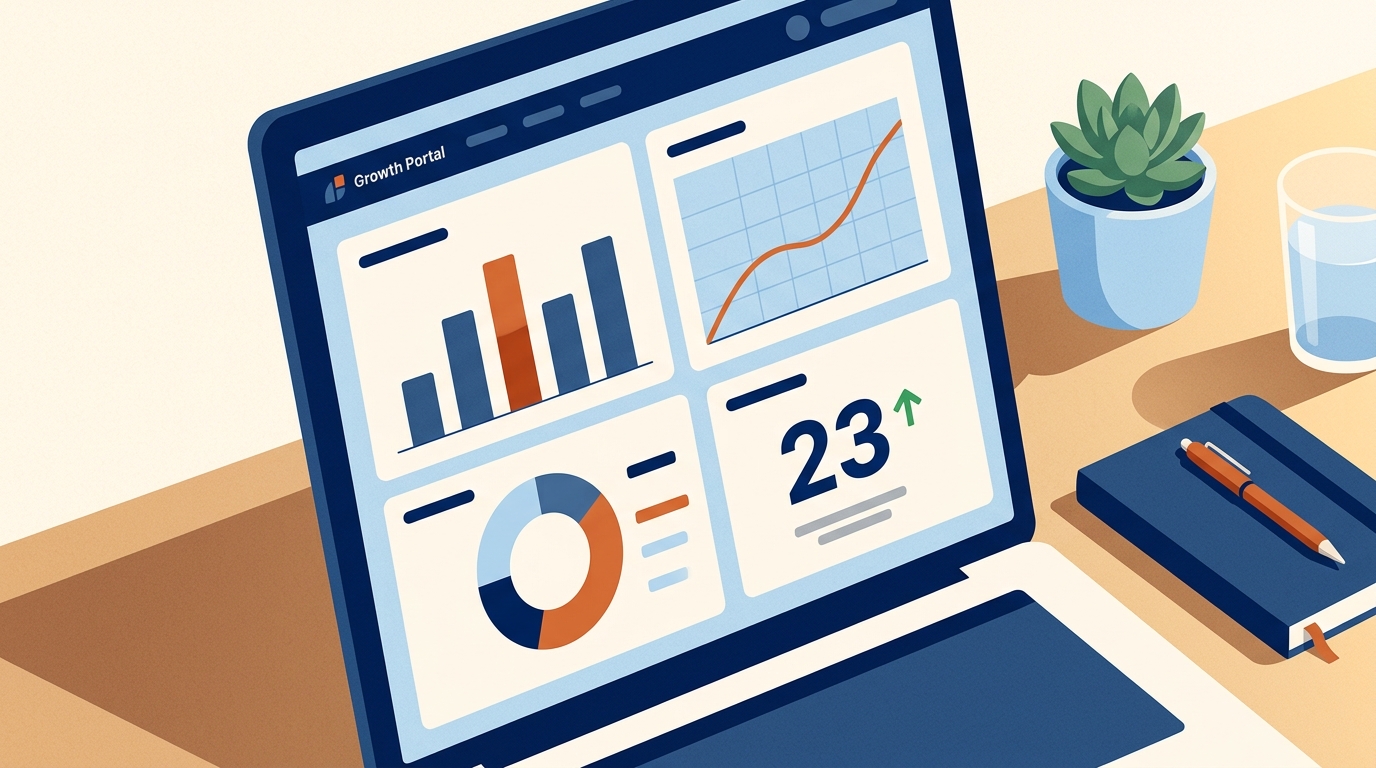 Growth Engine reporting dashboard showing monthly performance metrics, cost per lead, and channel attribution