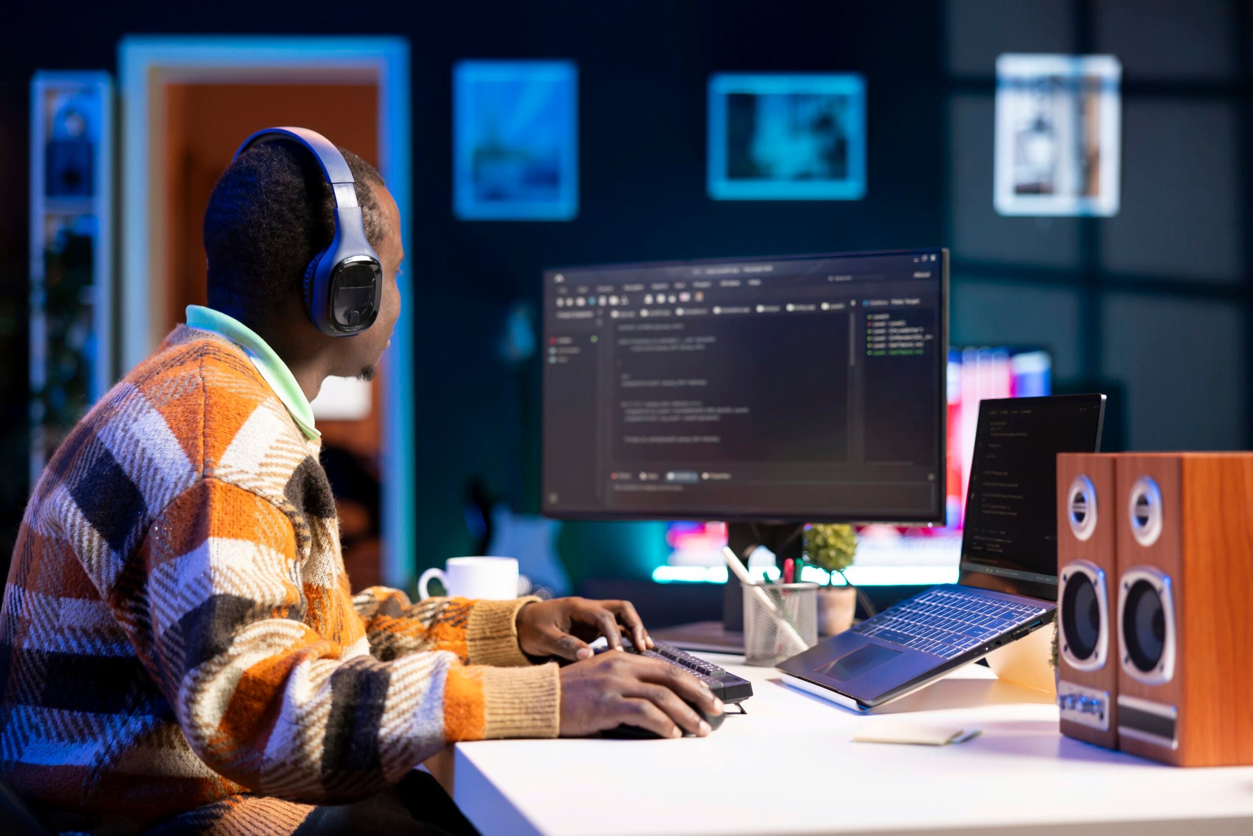 A MacBook with lines of code on its screen on a busy desk