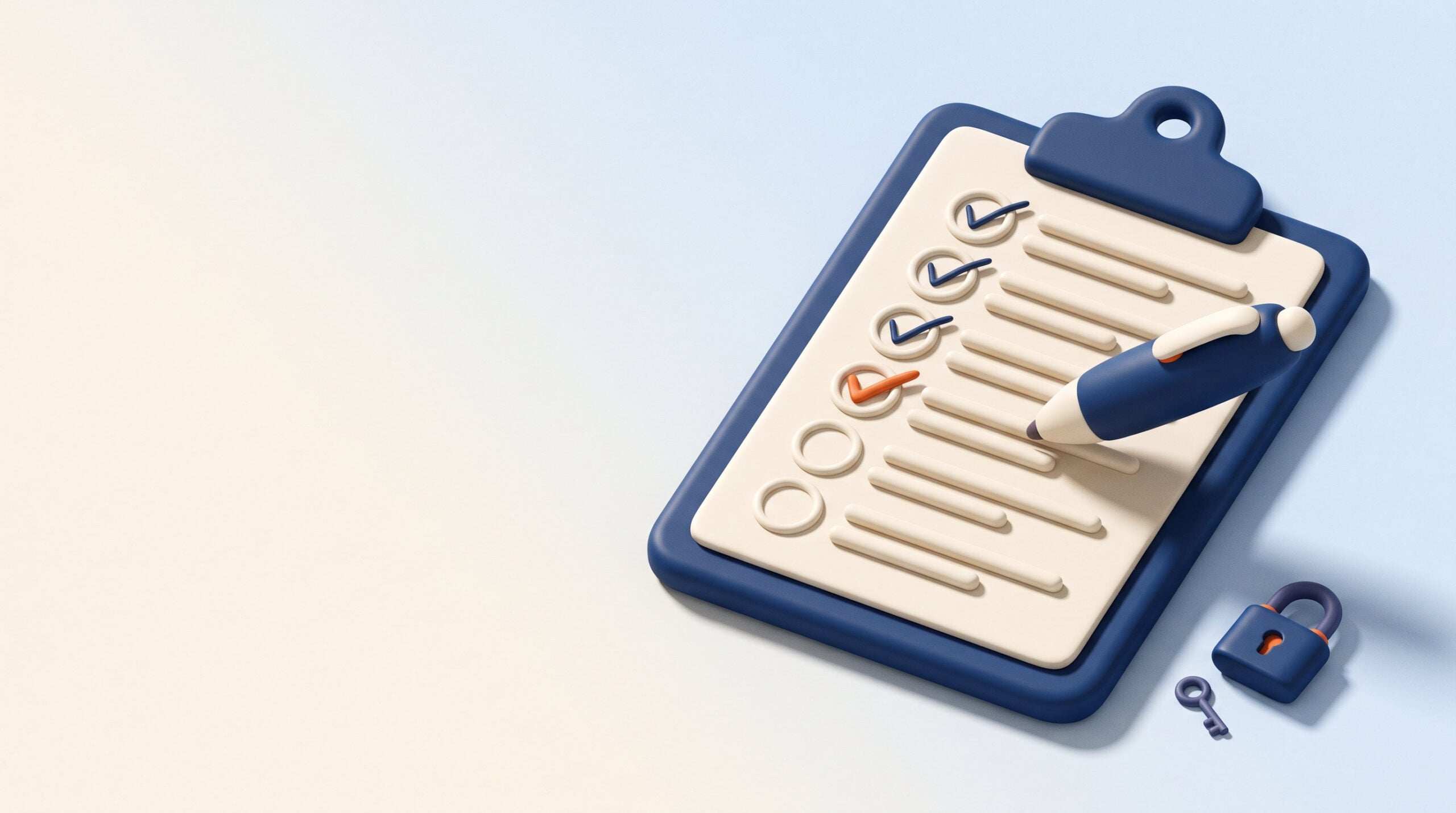 Questions to ask a marketing agency, shown as a checklist on a clipboard with a padlock and key